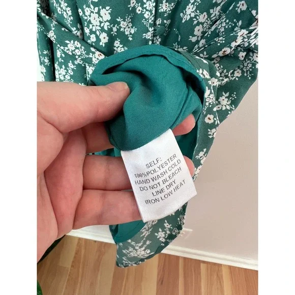 Bluivy Floral Romper Teal Green Flutter Sleeve Button Front Tie Waist Pockets L - Picture 6 of 7